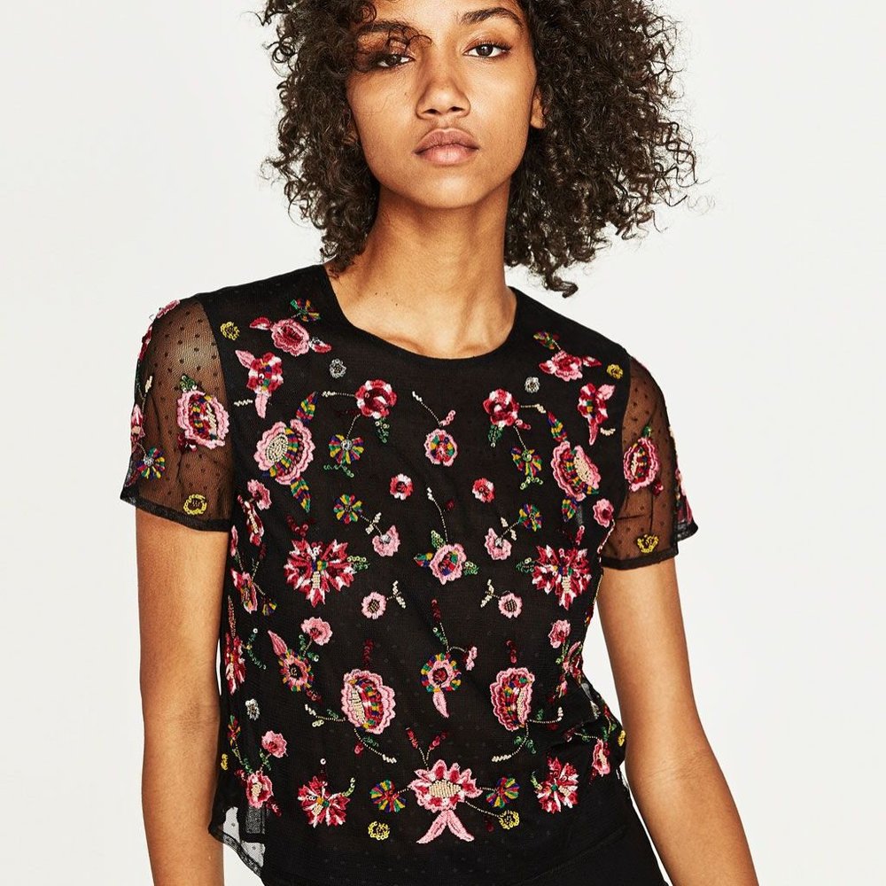 Zara Black Sequin Embroidered Top